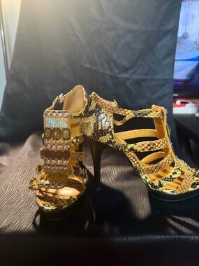 BCBG Yellow Snake-Print Jeweled Strappy High Heels